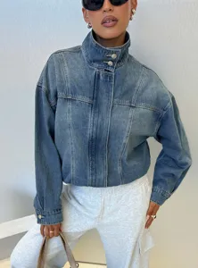 Vintage wassing denim jas voor dames, stijlvolle opstaande kraag lange mouw casual bovenkleding.