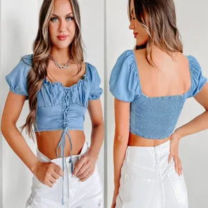 Women's Sexy Slim Fit Crop Denim Shirt Vintage Square Neck Puff Short Sleeve Lace-Up Front Casual Streetwear Top