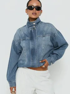 Dames Retro Opstaande Kraag Denim Jas Vintage Gewassen Lange Mouw Casual Bovenkleding Korte Mantel