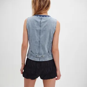 Womens casual slim fit sleeveless denim vest with back strap and collar embroidery.