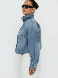 Stijlvolle casual losse gewassen denim jas met opstaande kraag dames lange mouwen