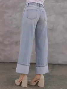 Women light blue cuffed straight jeans casual loose mid-waist denim pants fashion new