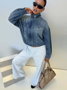 Amerikaanse vintage opstaande kraag lose gewassen denim jas vrouwen lange mouwen