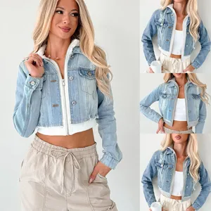Women Cropped Ripped Denim Jacket Hooded Patchwork Long Sleeve Washed Denim Coat Casual Loose Fit Streetwear Jacket