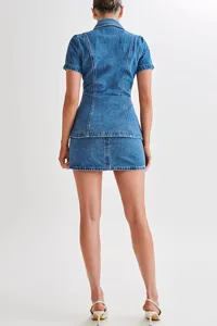 Back view detail of women denim short sleeve top and high waist skirt set, casual street style.