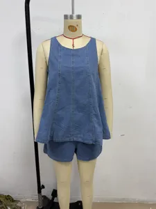 Denim sleeveless top shorts set summer casual outfit, factory display style detail view.