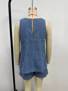 Women summer casual denim sleeveless top and shorts matching set stylish back slit outfit