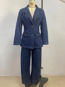 Denim blazer and wide leg pants set casual two piece outfit for women autumn fashion style