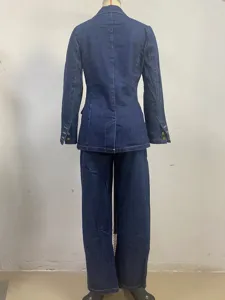 Back view details of women casual dark blue denim suit set, featuring tailored jacket and trousers.