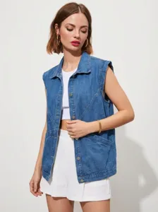 Women Casual Denim Vest Vintage Loose Sleeveless Jacket Lapel Single Breasted Outerwear Streetwear Fashion