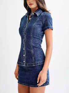 Stylish denim short-sleeve button-up shirt and high-waist mini skirt set for women.