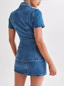 Women denim short sleeve top and high waist mini skirt matching set for fashion casual wear.
