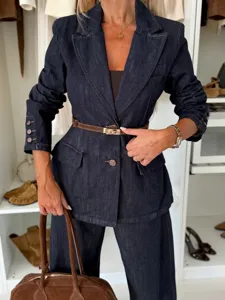 Stylish denim blazer and wide-leg pants set for women, perfect for casual autumn outfits.