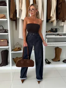Fall 2025 casual women's high waist dark denim straight wide leg pants with cuffed hem detail.