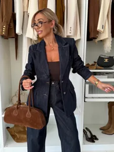 Autumn casual denim wide leg pants and matching blazer set for women, chic street style.