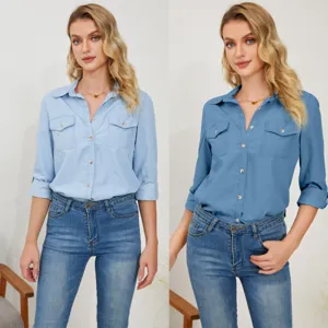 Women Casual Long Sleeve Denim Shirt Loose Fit Turn Down Collar Single Breasted Button Down Solid Color Vintage Tops