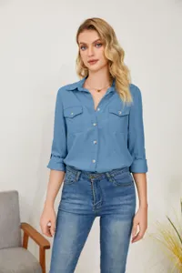 Casual long sleeve denim shirt detail view, classic button down style with double chest pockets.