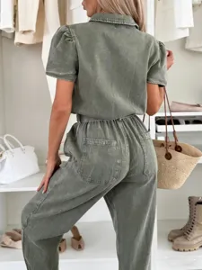 Summer casual washed denim jumpsuit for women, short sleeve utility playsuit with pockets.