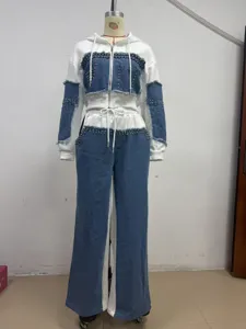 Fashion patchwork beaded denim hoodie and casual wide-leg pants tracksuit set for women.