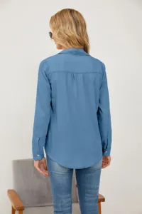 Women's long sleeve denim shirt detail view, casual lapel single-breasted design in classic blue.