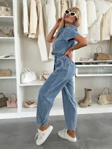 Women summer casual washed denim jumpsuit with short sleeves, lapel collar and drawstring waist.