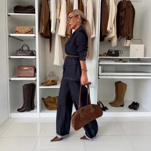 Women autumn wide leg denim pants suit casual stylish long trousers with dark wash fabric