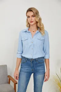 Womens long sleeve light blue denim shirt casual button down lapel top for spring autumn