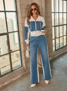 Denim patchwork zip hoodie and wide-leg pants set, stylish studded casual two-piece outfit.