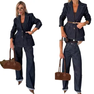 Women denim suit set featuring stylish blazer jacket and casual wide leg denim pants for autumn.