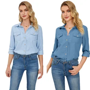 Womens long sleeve denim shirt casual lapel single breasted button down top for spring