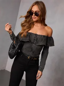 Women's Vintage Slim Fit Ruffle Off-The-Shoulder Denim Blouse Long Sleeve Solid Color Single-Breasted Casual Top