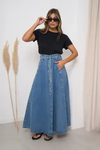 Detail view of high waist denim maxi skirt with drawstring belt and black t-shirt outfit.