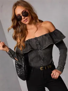 Women off-shoulder ruffle denim top retro slim fit long sleeve blouse for spring fashion
