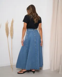 High waist blue denim maxi skirt, elegant paneled long denim skirt for women summer casual wear.