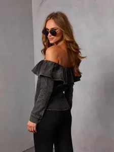 Women off-shoulder washed denim top retro slim fit long sleeve ruffled blouse for spring.