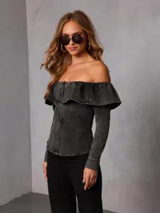 Chic off-the-shoulder denim top for women, featuring elegant ruffles and long sleeves.