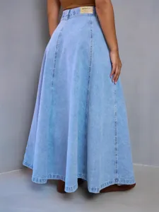 High waist light blue denim maxi skirt with A-line design and elegant drape for women.