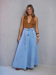 Women's high waist denim maxi skirt and brown halter top summer casual fashion outfit