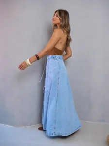 High waist slim fit casual denim long skirt for women spring summer fashion daily wear