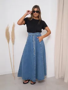 Stylish high waist denim maxi skirt for women, casual long jean skirt with tie belt for spring.