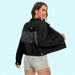 Zwarte spijkerjas voor vrouwen met strass franjes gescheurde casual bovenkleding