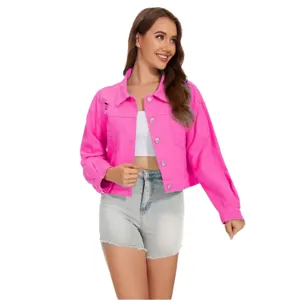 Dames Roze Korte Denim Jas Casual Gescheurd Rafel Lange Mouwen Stijlvolle Bovenkleding