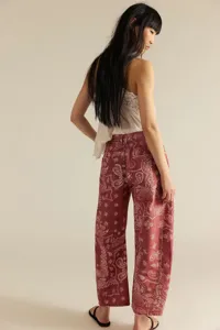 Women casual loose mid-rise paisley print denim jeans featuring relaxed straight leg style.