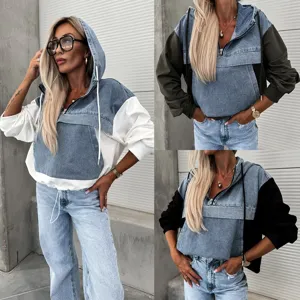 Sweat à Capuche en Denim Délavé Patchwork Oversize pour Femmes Décontracté Manches Longues Color Block Streetwear Top pour Femmes