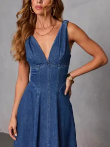 Women Sexy Distressed Blue Denim Camisole Dress Sleeveless V-Neck Slim Fit Main View