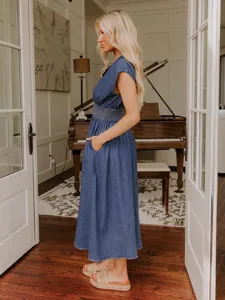 Robe en jean vintage femme été sans manches taille smockée robe midi vue principale