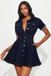 Women's denim dress short sleeve lapel single-breasted slim fit casual A-line mini dress