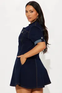 Dark blue denim dress for women short sleeve turn down collar casual slim fit mini dress