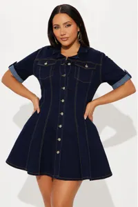 Women's denim shirt dress short sleeve lapel button down casual waist cinching flare mini dress