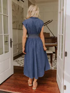 Femme vintage decontracte robe en jean ete manches courtes robe midi taille cintree vue